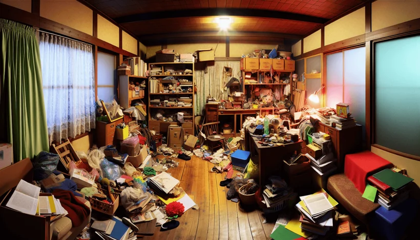 A cluttered room with various items piled up, symbolizing the emotional turmoil and roots of clutter A cluttered room with various items piled up, symbolizing the emotional turmoil and roots of clutter