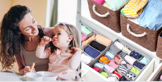 A side-by-side composition featuring a smiling mother feeding her young daughter at breakfast on the left and a neatly organized drawer with clothes, dividers, and woven baskets on the right, symbolizing order and structure. A side-by-side composition featuring a smiling mother feeding her young daughter at breakfast on the left and a neatly organized drawer with clothes, dividers, and woven baskets on the right, symbolizing order and structure.