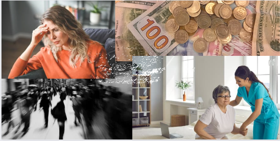 A collage depicting various stress-related themes: a woman in an orange sweater holding her head in distress, scattered money and coins, a blurry crowd of people symbolizing overwhelm, and a caregiver assisting an elderly woman in a home setting. A collage depicting various stress-related themes: a woman in an orange sweater holding her head in distress, scattered money and coins, a blurry crowd of people symbolizing overwhelm, and a caregiver assisting an elderly woman in a home setting.