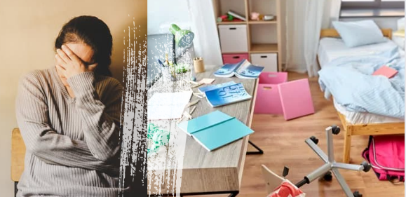 a woman holding her head as a sign of being tired from the clutter around her a woman holding her head as a sign of being tired from the clutter around her