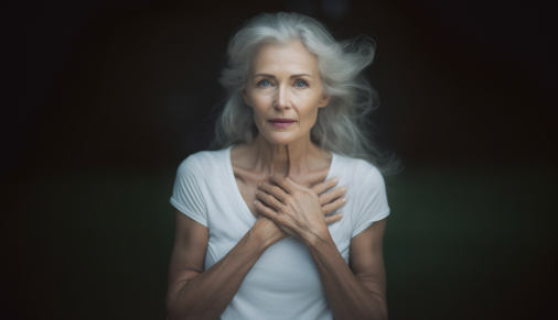 A serene older woman with long silver hair wearing a white t-shirt, standing against a dark blurred background. She gently places her hands on her chest, looking forward with a calm and introspective expression A serene older woman with long silver hair wearing a white t-shirt, standing against a dark blurred background. She gently places her hands on her chest, looking forward with a calm and introspective expression