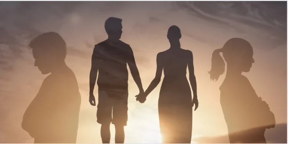 A silhouette of a couple holding hands against a sunset sky, with the faint, faded outlines of two individuals standing apart in the foreground. This represents relationships, love, separation, or reconciliation A silhouette of a couple holding hands against a sunset sky, with the faint, faded outlines of two individuals standing apart in the foreground. This represents relationships, love, separation, or reconciliation