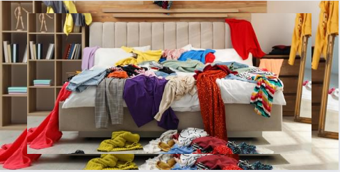 A bedroom with a large bed covered in messy, scattered clothes of various colors. More clothes are seen on the floor and furniture, creating a cluttered and disorganized space. This represents untidiness, clutter, or a wardrobe in need of organization A bedroom with a large bed covered in messy, scattered clothes of various colors. More clothes are seen on the floor and furniture, creating a cluttered and disorganized space. This represents untidiness, clutter, or a wardrobe in need of organization