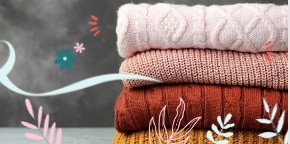A stack of neatly folded knitted sweaters in pastel and earthy tones. The image has decorative floral elements, symbolizing warmth, coziness, and an organized wardrob A stack of neatly folded knitted sweaters in pastel and earthy tones. The image has decorative floral elements, symbolizing warmth, coziness, and an organized wardrob