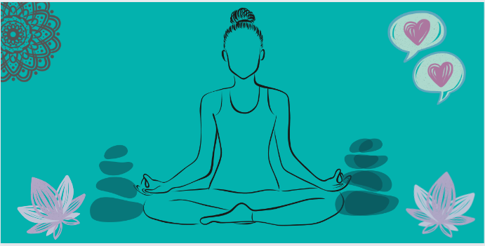 An illustration symbolizing meditation, mindfulness, and emotional healing. It depicts a faceless person sitting cross-legged in a meditative pose against a teal background. Surrounding elements include stacked stones, lotus flowers, a decorative mandala, and speech bubbles with heart symbols, suggesting peace, self-care, and positive transformation. An illustration symbolizing meditation, mindfulness, and emotional healing. It depicts a faceless person sitting cross-legged in a meditative pose against a teal background. Surrounding elements include stacked stones, lotus flowers, a decorative mandala, and speech bubbles with heart symbols, suggesting peace, self-care, and positive transformation.