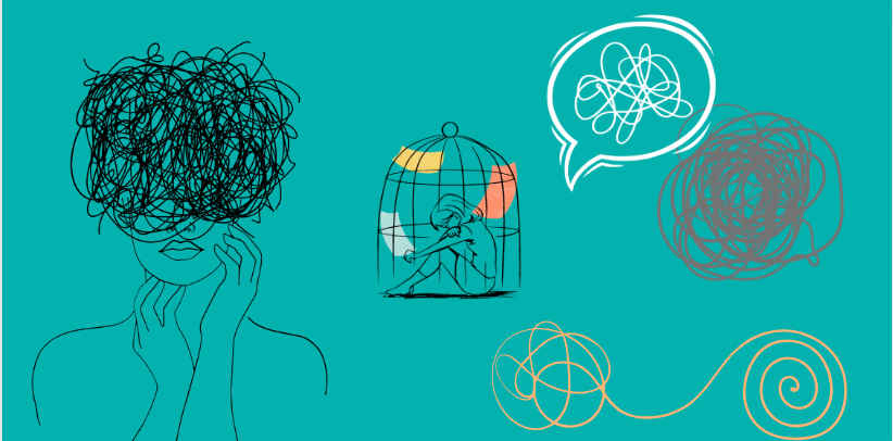 A conceptual illustration representing mental health struggles, anxiety, and emotional distress. The image features a person with a tangled scribble in place of their head, a person sitting inside a cage with a distressed posture, and various abstract symbols of confusion and disorder, including scribbled speech bubbles and swirling lines. The background is teal. A conceptual illustration representing mental health struggles, anxiety, and emotional distress. The image features a person with a tangled scribble in place of their head, a person sitting inside a cage with a distressed posture, and various abstract symbols of confusion and disorder, including scribbled speech bubbles and swirling lines. The background is teal.