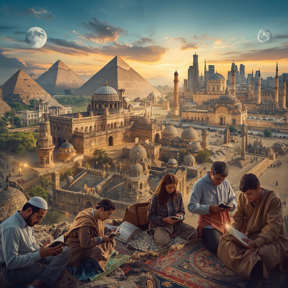 Digital collage showing the evolution of religion through history — from ancient temples to modern faiths — symbolizing how belief has shaped social change across centuries Digital collage showing the evolution of religion through history — from ancient temples to modern faiths — symbolizing how belief has shaped social change across centuries