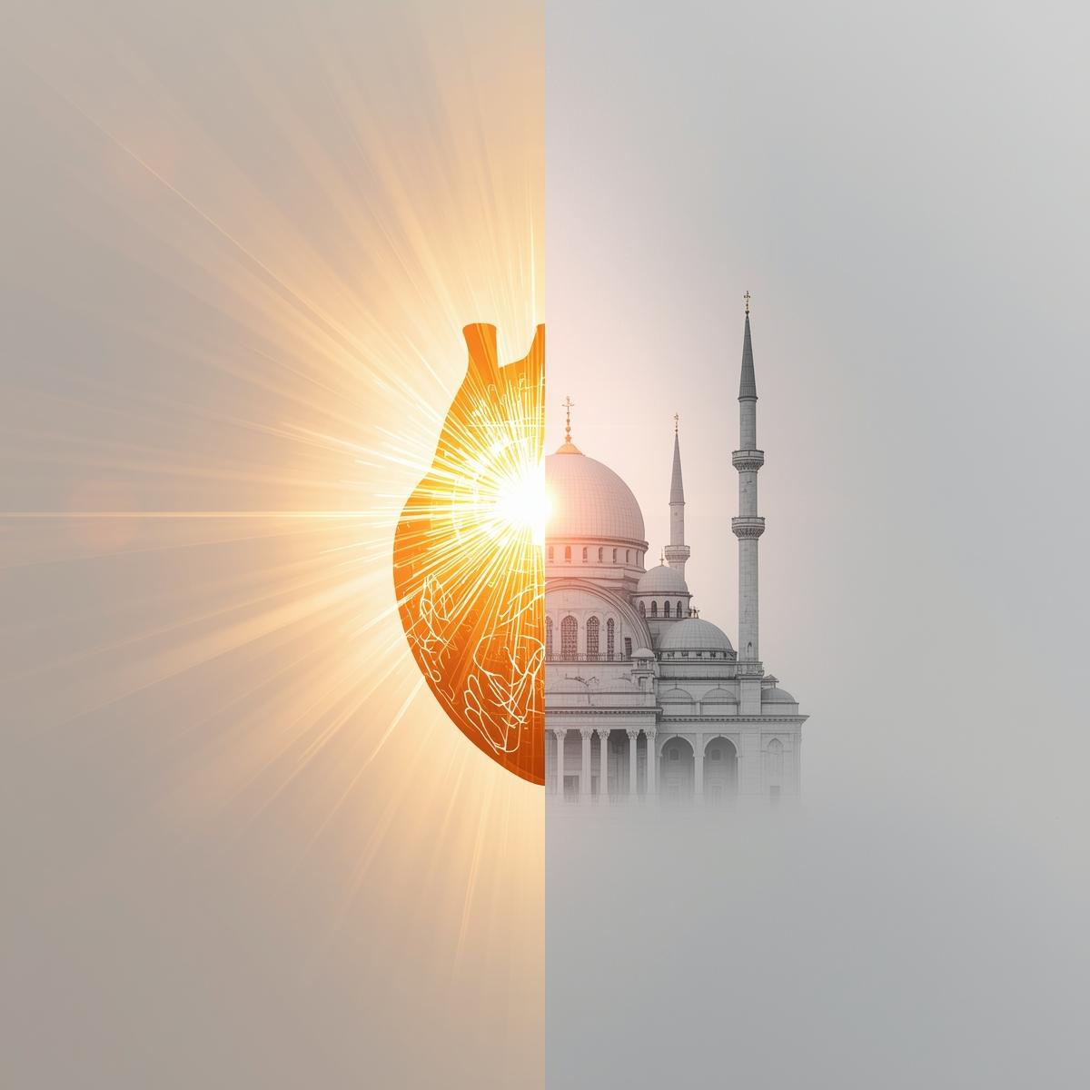 Conceptual illustration contrasting faith as inner spiritual light with religion as structured institutions, symbolizing the difference between personal belief and organized systems Conceptual illustration contrasting faith as inner spiritual light with religion as structured institutions, symbolizing the difference between personal belief and organized systems