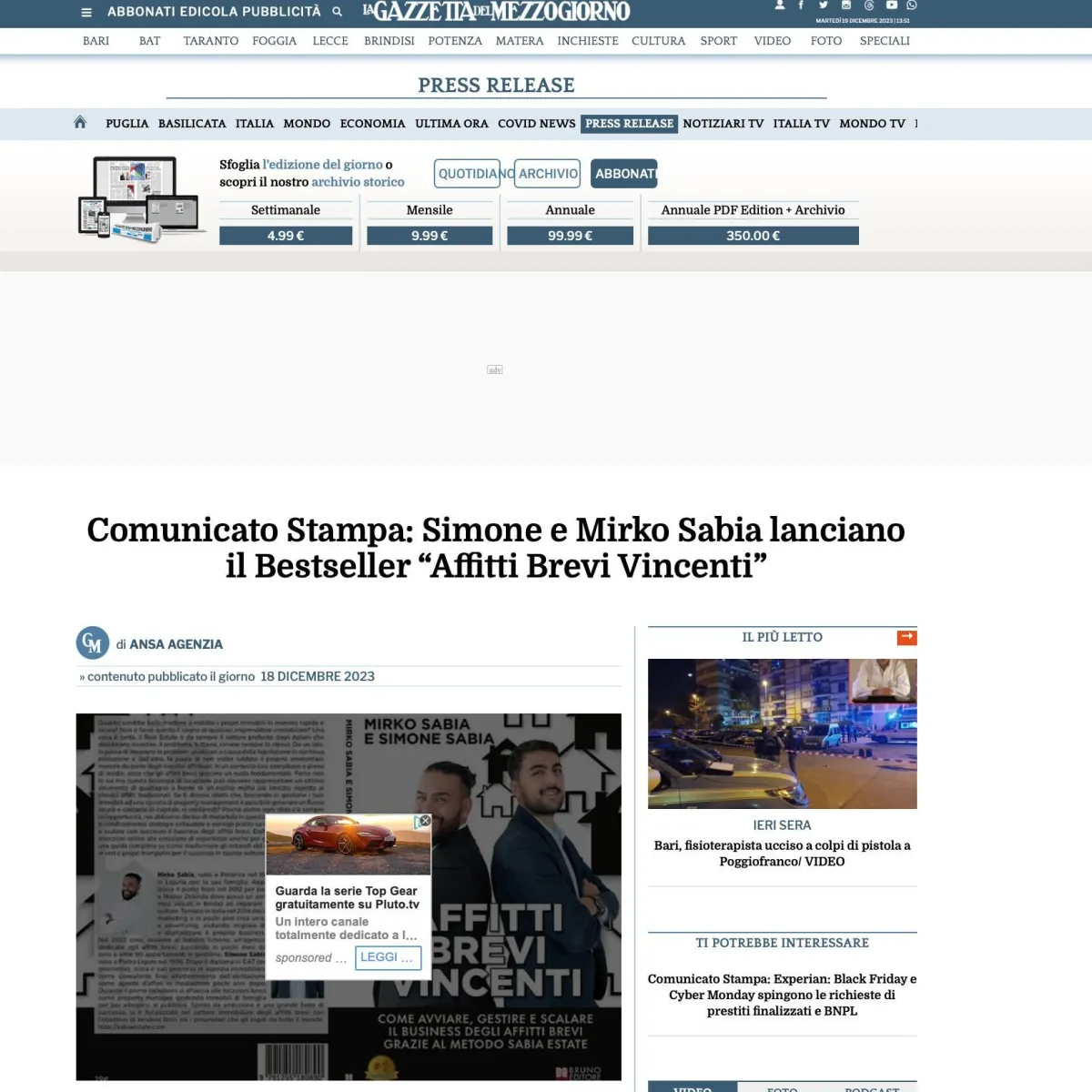 Articolo ANSA su Affitti Brevi Vincenti