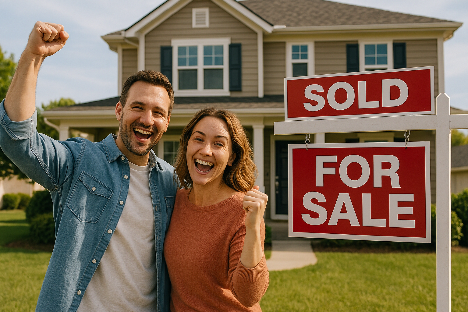 a happy couple selling their home fast a happy couple selling their home fast