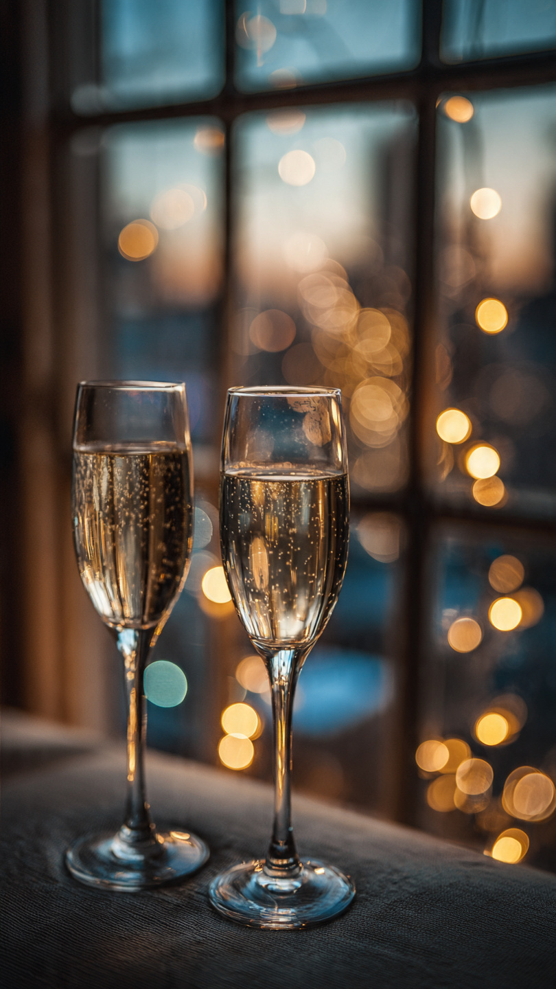 Cozy Indianapolis winter night scene with champagne glasses and warm lights, celebrating New Year travel and getaways.