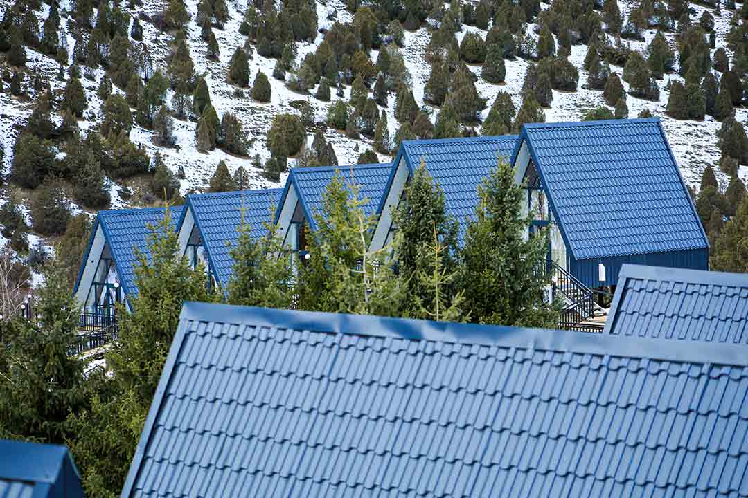 Homes with bold, eye-catching roof colors like deep blue. Homes with bold, eye-catching roof colors like deep blue.