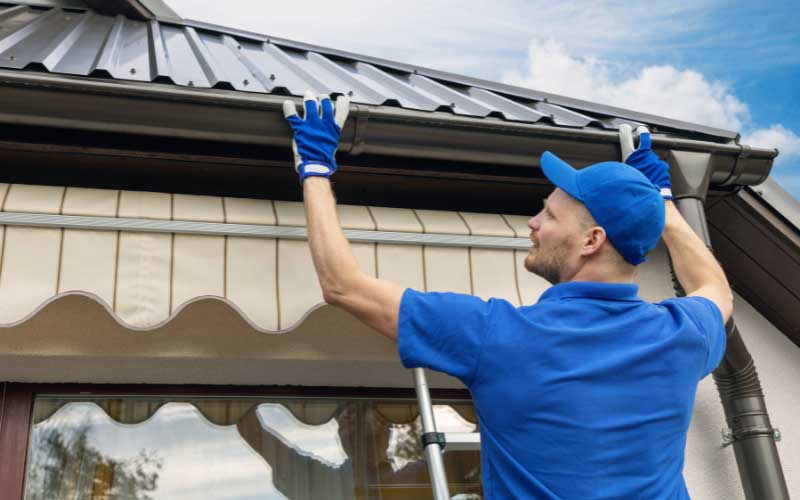 Close-up of a roofer's hand applying flashing tape on a metal roof near a brick chimney to ensure proper sealing and prevent leaks. Close-up of a roofer's hand applying flashing tape on a metal roof near a brick chimney to ensure proper sealing and prevent leaks.