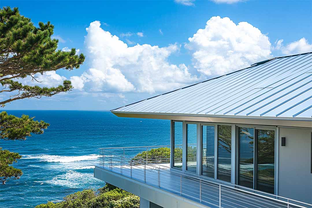 Coastal home with a bright aluminum metal roof. Coastal home with a bright aluminum metal roof.