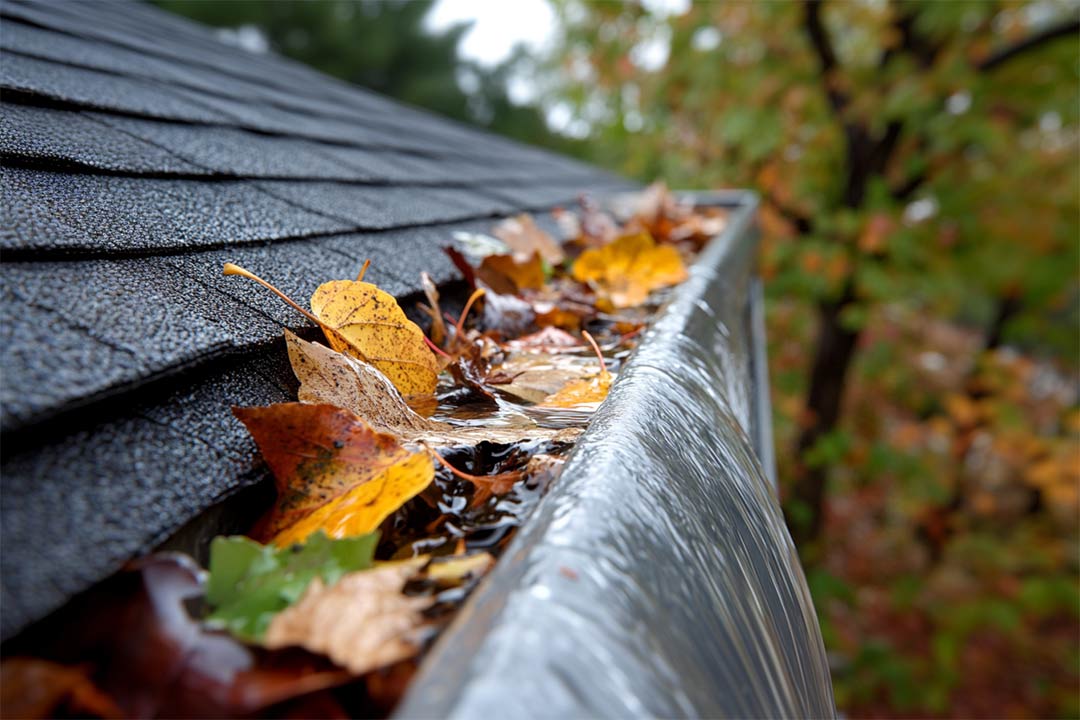 Clogged gutter overflowing with water. Clogged gutter overflowing with water.