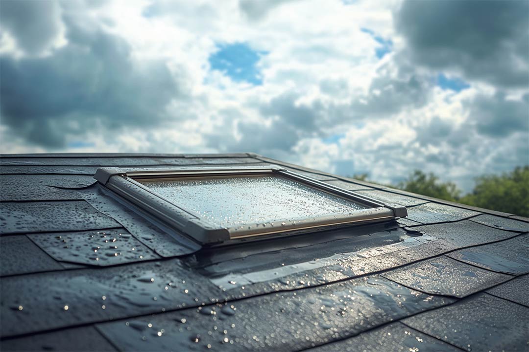 A skylight showing condensation and signs of leakage due to poor sealing. A skylight showing condensation and signs of leakage due to poor sealing.