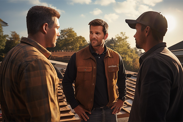 homeowner discussing roof repairs with a certified roofing contractors homeowner discussing roof repairs with a certified roofing contractors