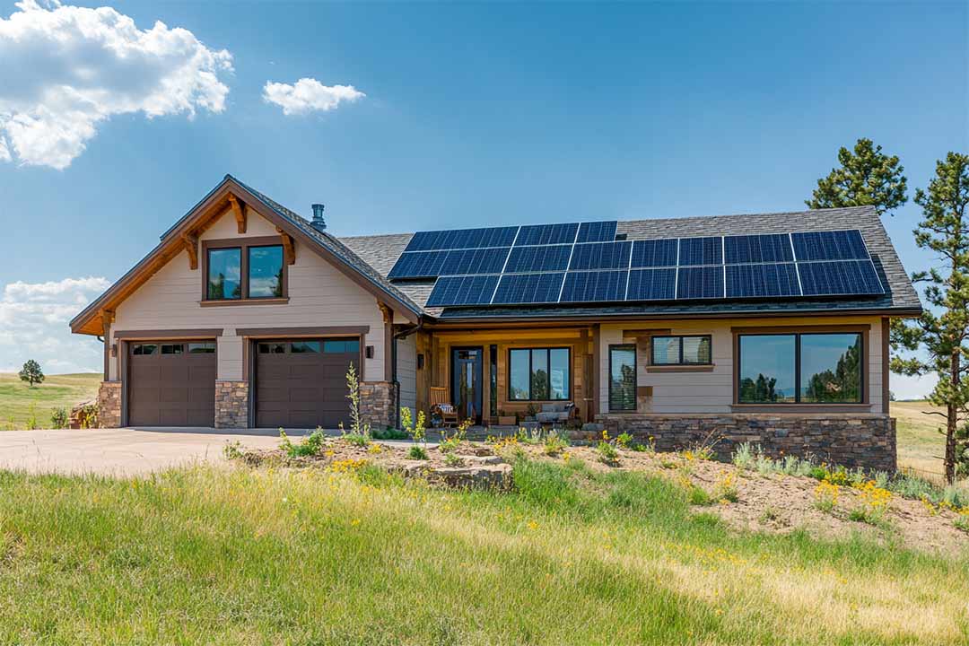 Home with solar panels integrated into the roofing design. Home with solar panels integrated into the roofing design.