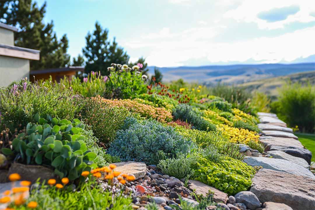Vibrant green roof covered with plants and flowers. Vibrant green roof covered with plants and flowers.