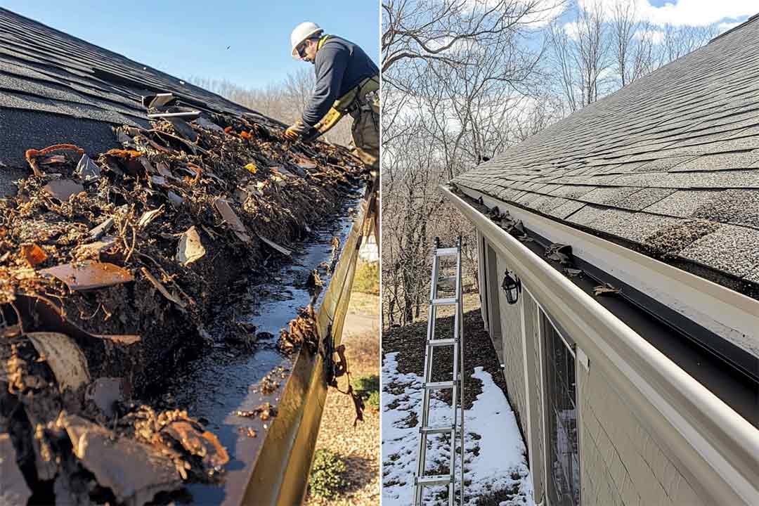 Damaged gutter vs. a new gutter being installed by a professional. Damaged gutter vs. a new gutter being installed by a professional.