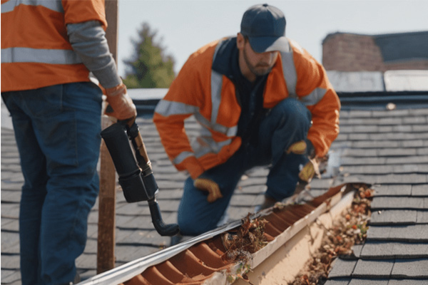 roofing worker checking the clogged gutter roofing worker checking the clogged gutter