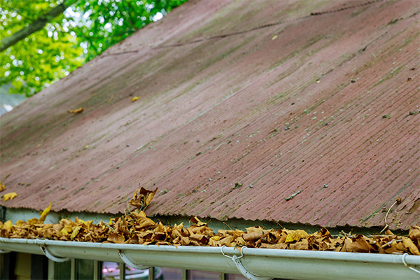 Roof with gutters clogged by fallen leaves, emphasizing the need for regular gutter cleaning to prevent water damage. Roof with gutters clogged by fallen leaves, emphasizing the need for regular gutter cleaning to prevent water damage.