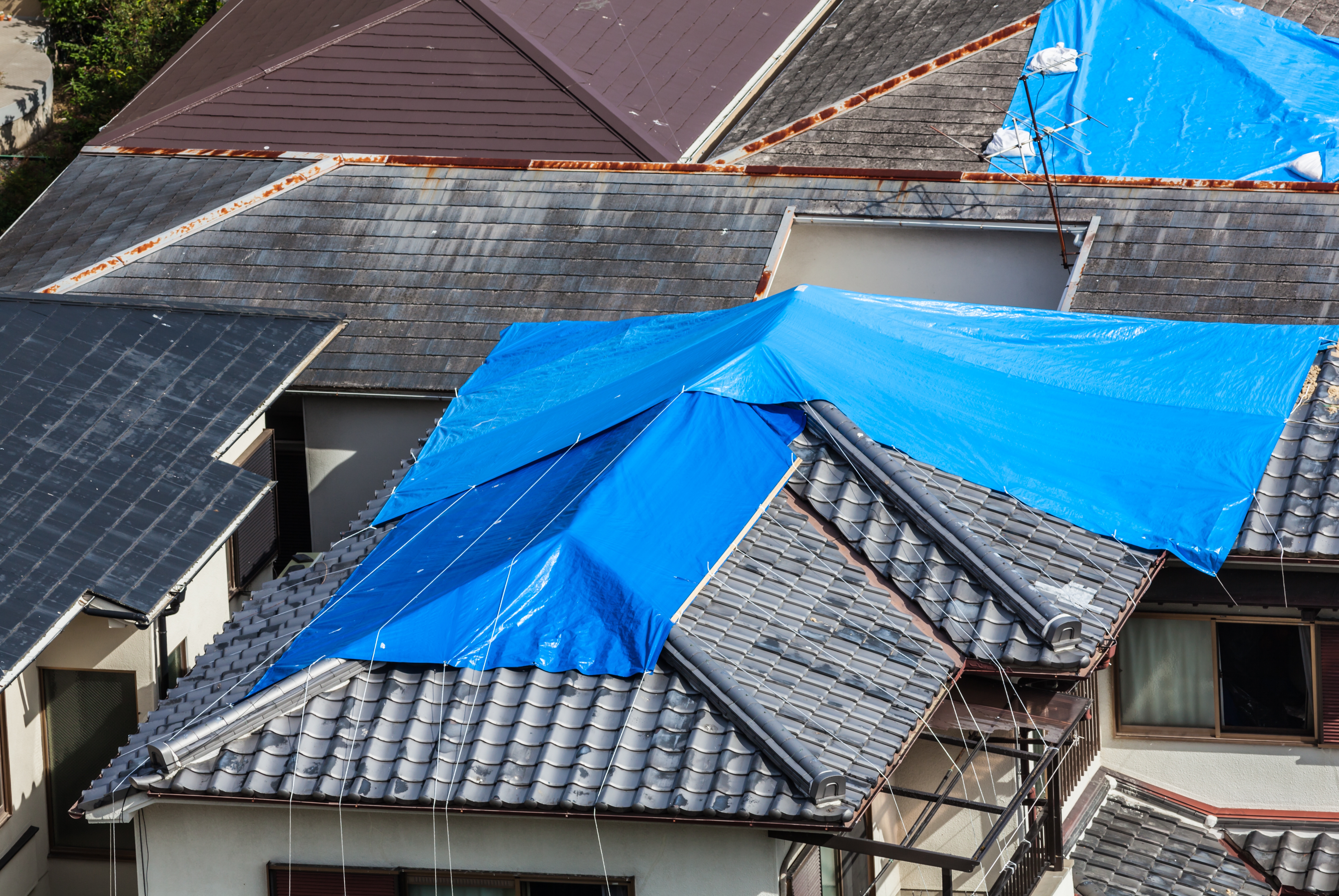 Damaged tiled roof covered with blue tarps for temporary protection, showing storm damage and emergency roofing repairs. Damaged tiled roof covered with blue tarps for temporary protection, showing storm damage and emergency roofing repairs.