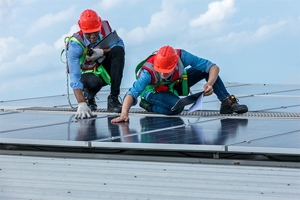 A professional roofer standing on a rooftop with safety gear, surrounded by roofing materials, under a bright blue sky. A professional roofer standing on a rooftop with safety gear, surrounded by roofing materials, under a bright blue sky.