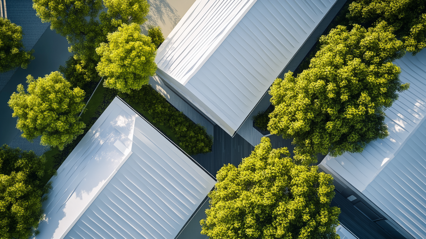 A sleek bird’s-eye view of energy-efficient white roofing nestled among lush greenery. A perfect blend of modern design and sustainable living. A sleek bird’s-eye view of energy-efficient white roofing nestled among lush greenery. A perfect blend of modern design and sustainable living.
