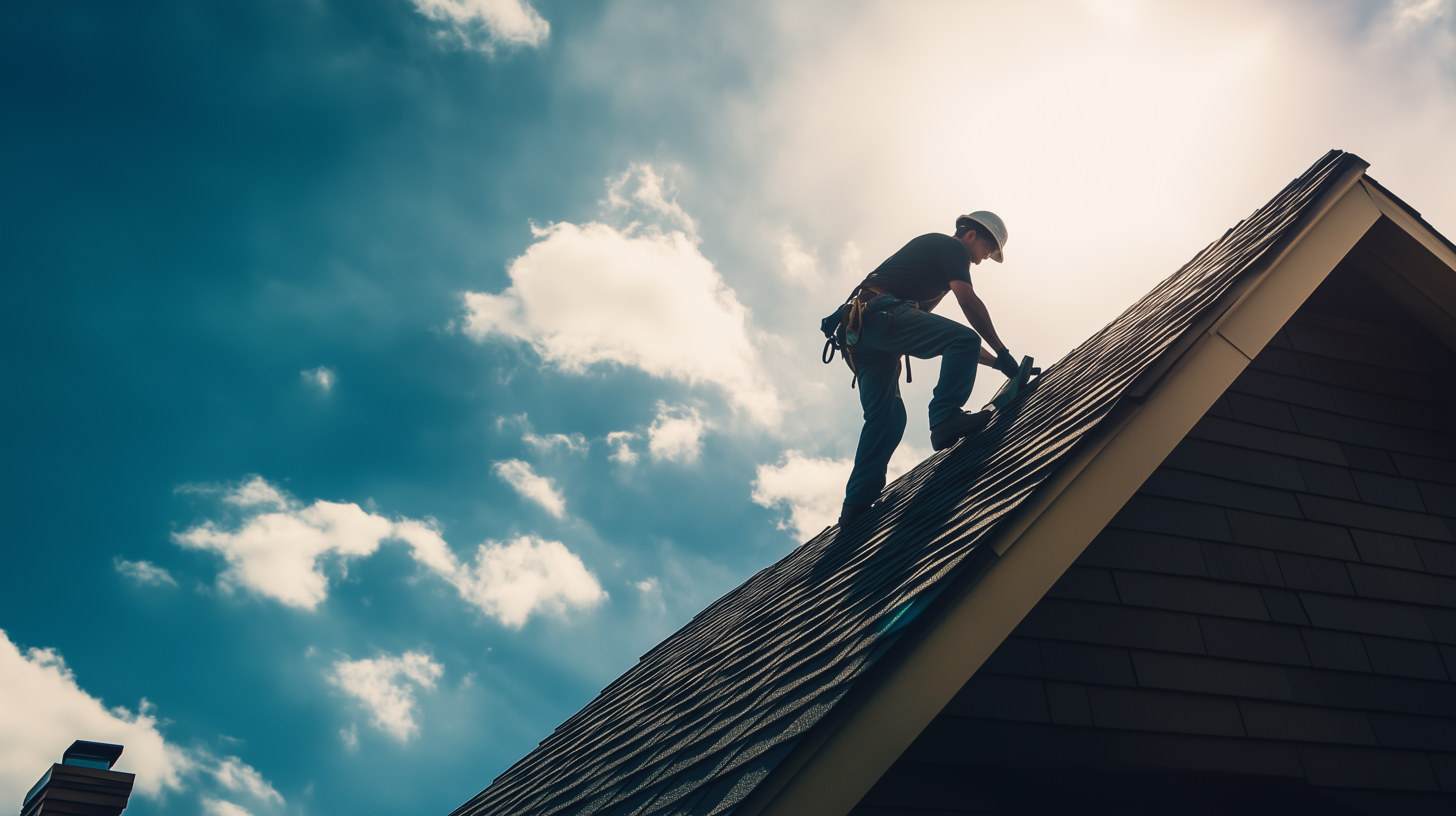 Roofer performing maintenance work on a steep residential roof under a bright sky with safety gear and tools in hand. Roofer performing maintenance work on a steep residential roof under a bright sky with safety gear and tools in hand.