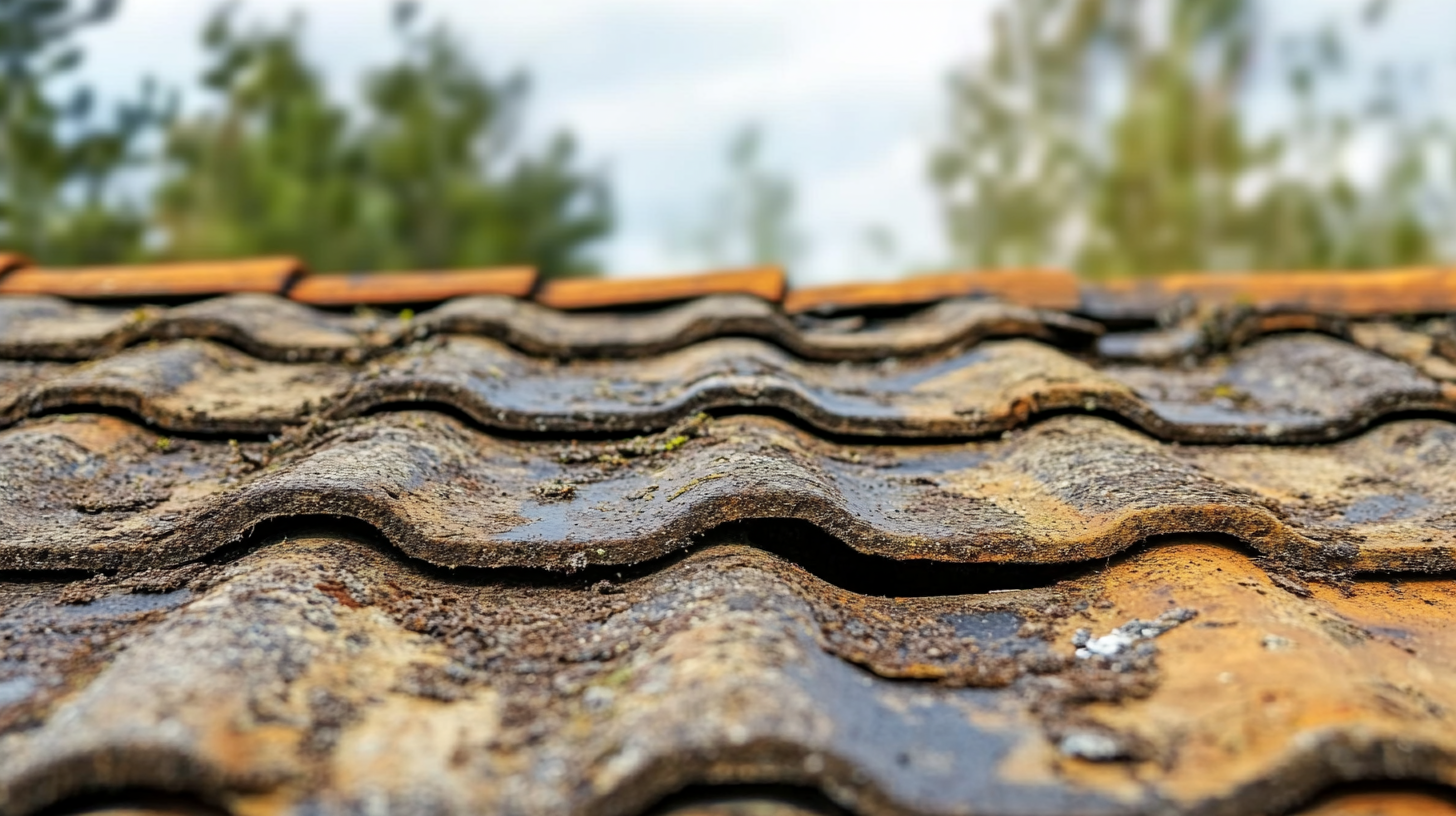Close-up of a weathered and damaged tile roof with signs of moss, dirt buildup, and structural wear, indicating long-term neglect. Close-up of a weathered and damaged tile roof with signs of moss, dirt buildup, and structural wear, indicating long-term neglect.