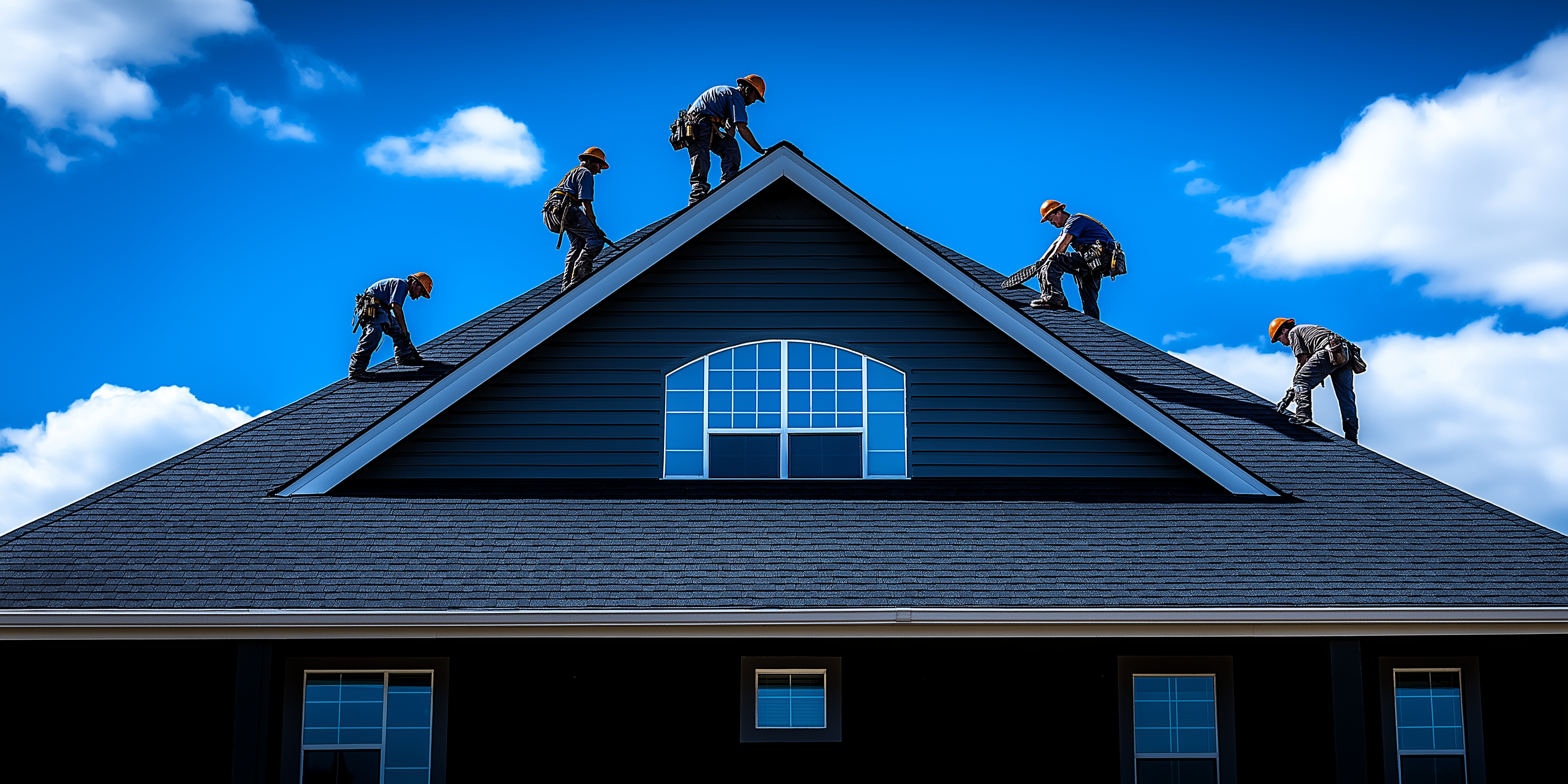 A team of roofers wearing safety gear work in coordination on the sloped roof of a modern home under a clear blue sky. A team of roofers wearing safety gear work in coordination on the sloped roof of a modern home under a clear blue sky.