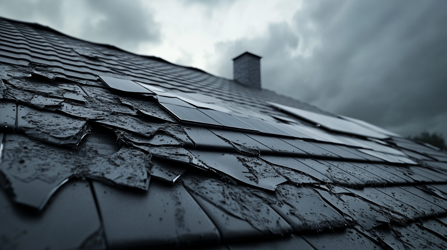 Close-up of a damaged roof with cracked solar panels and broken shingles after a severe storm, under a dark cloudy sky. Close-up of a damaged roof with cracked solar panels and broken shingles after a severe storm, under a dark cloudy sky.