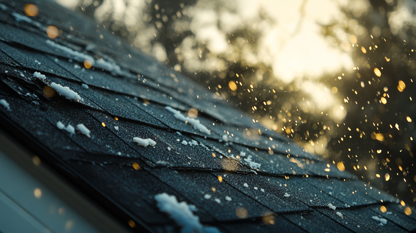 Snow and hail falling on a shingled rooftop at sunset, with warm golden light illuminating the icy particles in mid-air. Snow and hail falling on a shingled rooftop at sunset, with warm golden light illuminating the icy particles in mid-air.