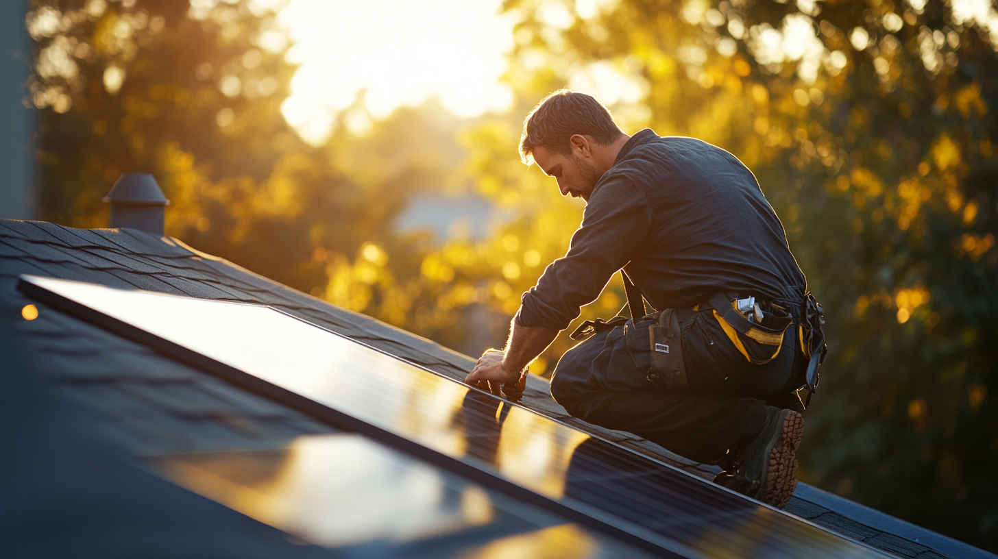 Technician in workwear carefully installing solar panels on a residential rooftop at sunset, with warm sunlight reflecting off the panels and trees in the background. Technician in workwear carefully installing solar panels on a residential rooftop at sunset, with warm sunlight reflecting off the panels and trees in the background.