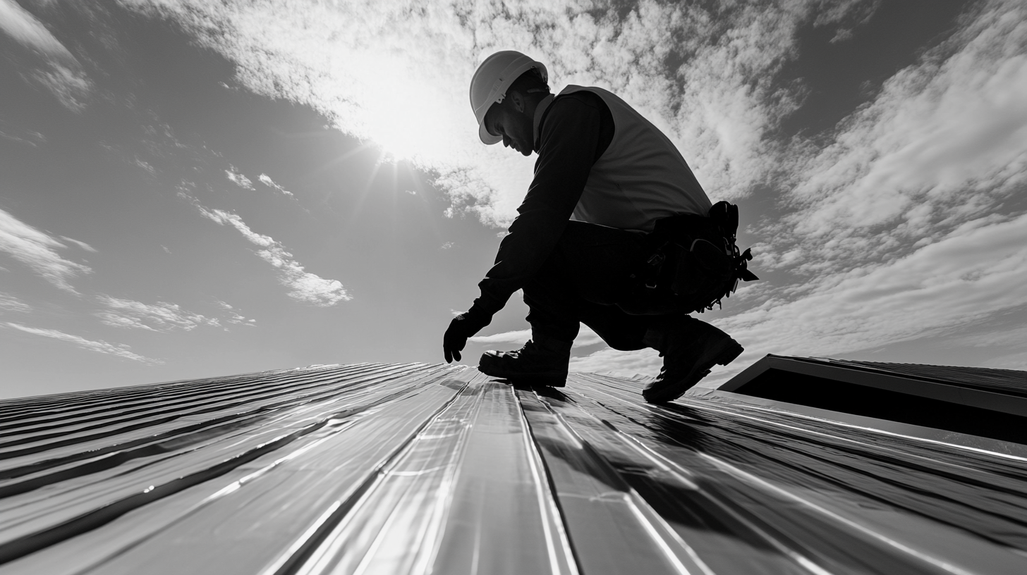 Black and white image of a construction worker in safety gear inspecting a metal roof under bright sunlight, with dramatic clouds in the background. Black and white image of a construction worker in safety gear inspecting a metal roof under bright sunlight, with dramatic clouds in the background.