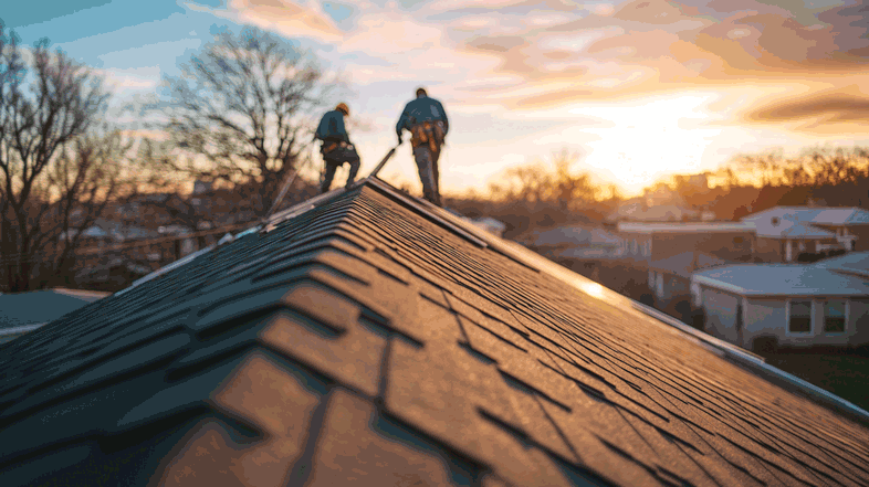 Two roofing contractors working on a shingle roof at sunrise, silhouetted against a golden sky. The image captures the precision and craftsmanship of professional roof installation and maintenance. Residential neighborhood in the background highlights quality roofing solutions for long-term durability.