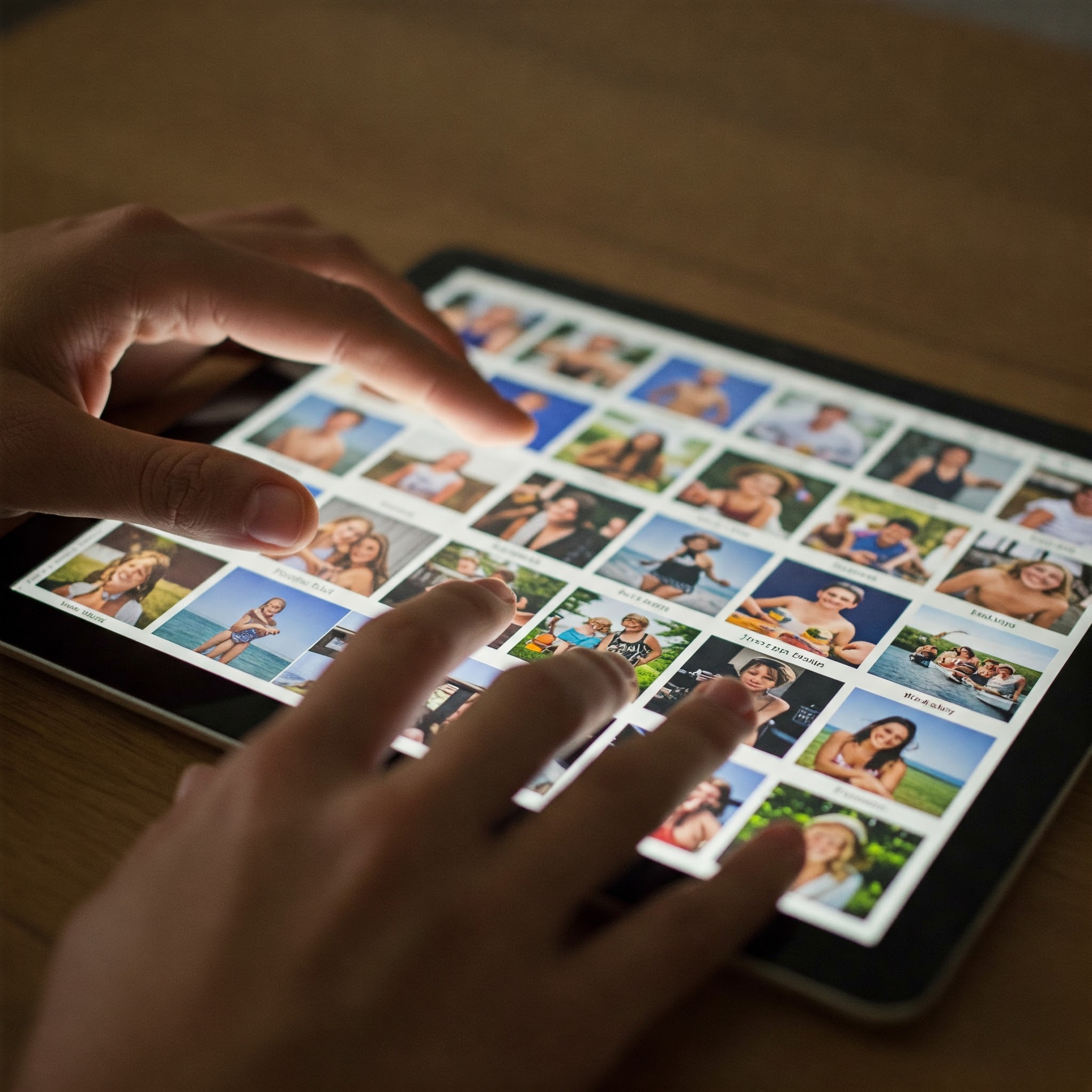 Hands gently sorting through vibrant digital photos on a tablet, symbolizing the ease and joy of an organized photo collection. Hands gently sorting through vibrant digital photos on a tablet, symbolizing the ease and joy of an organized photo collection.