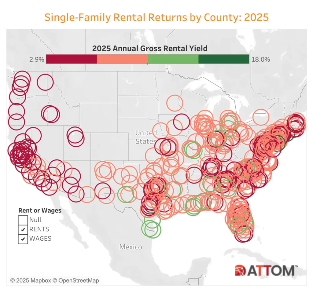 Map showing ATTOM’s 2025 single-family rental hotspots with yield data and Utah counties comparison Map showing ATTOM’s 2025 single-family rental hotspots with yield data and Utah counties comparison