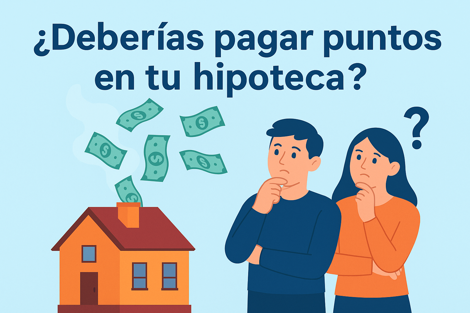Pareja pensativa frente a casa con billetes saliendo por la chimenea. Texto: “¿Deberías pagar puntos en tu hipoteca?”. Representa la duda común de los compradores. Pareja pensativa frente a casa con billetes saliendo por la chimenea. Texto: “¿Deberías pagar puntos en tu hipoteca?”. Representa la duda común de los compradores.