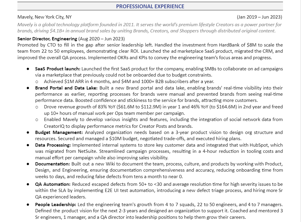 Professional Experience Example Professional Experience Example