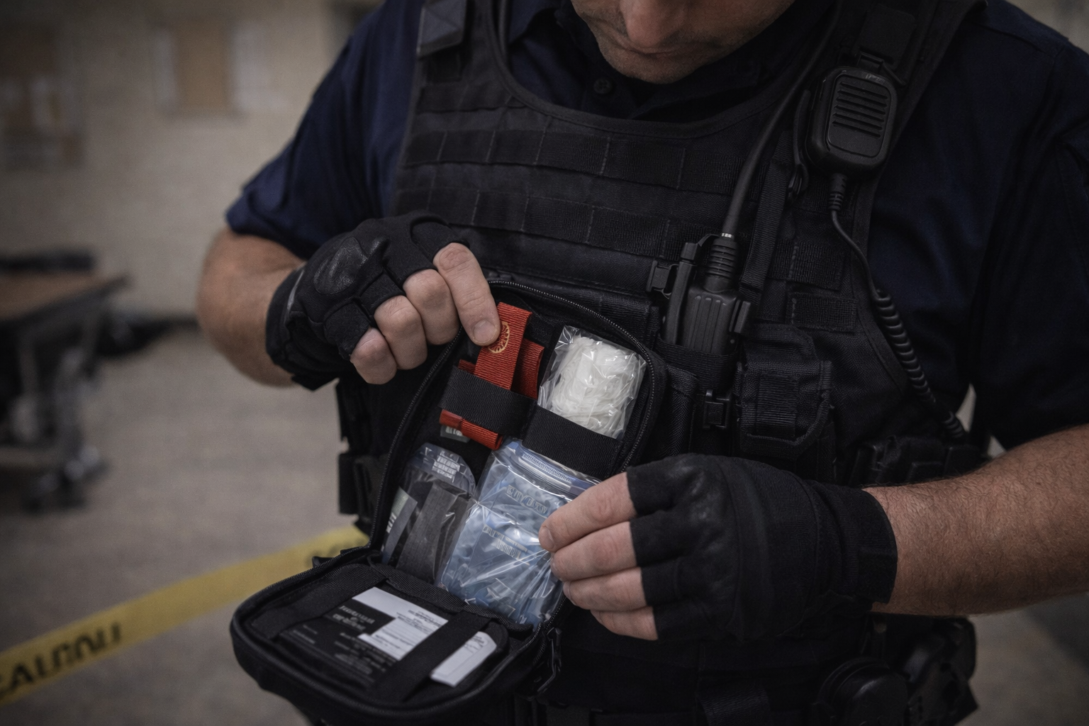 Responder opening an on-person IFAK during training to access lifesaving supplies quickly.