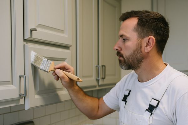 Professional painter refinishing kitchen cabinets with brush and bucket Professional painter refinishing kitchen cabinets with brush and bucket