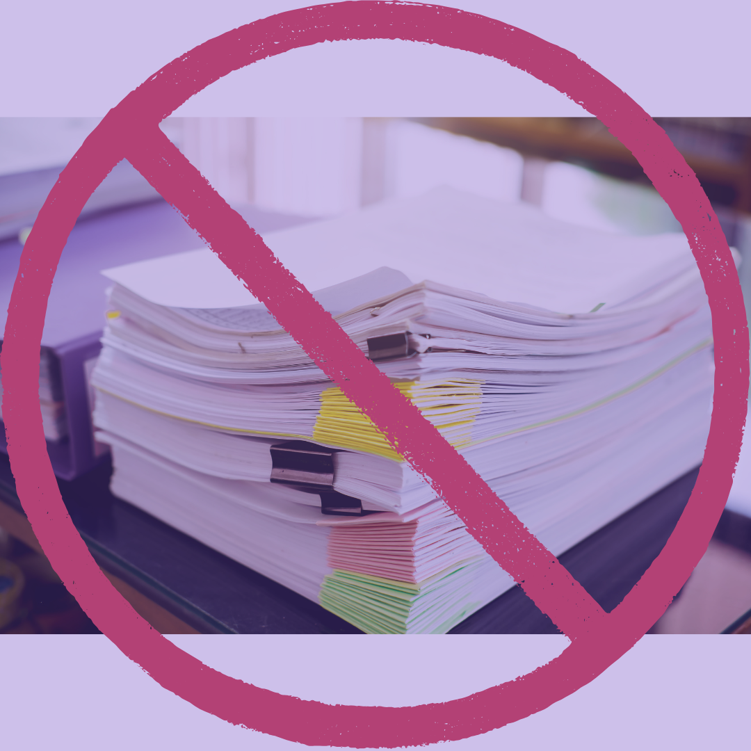 Stack of disorganized papers with a red 'no' symbol over it, emphasizing the importance of staying organized and avoiding clutter in business processes. Stack of disorganized papers with a red 'no' symbol over it, emphasizing the importance of staying organized and avoiding clutter in business processes.