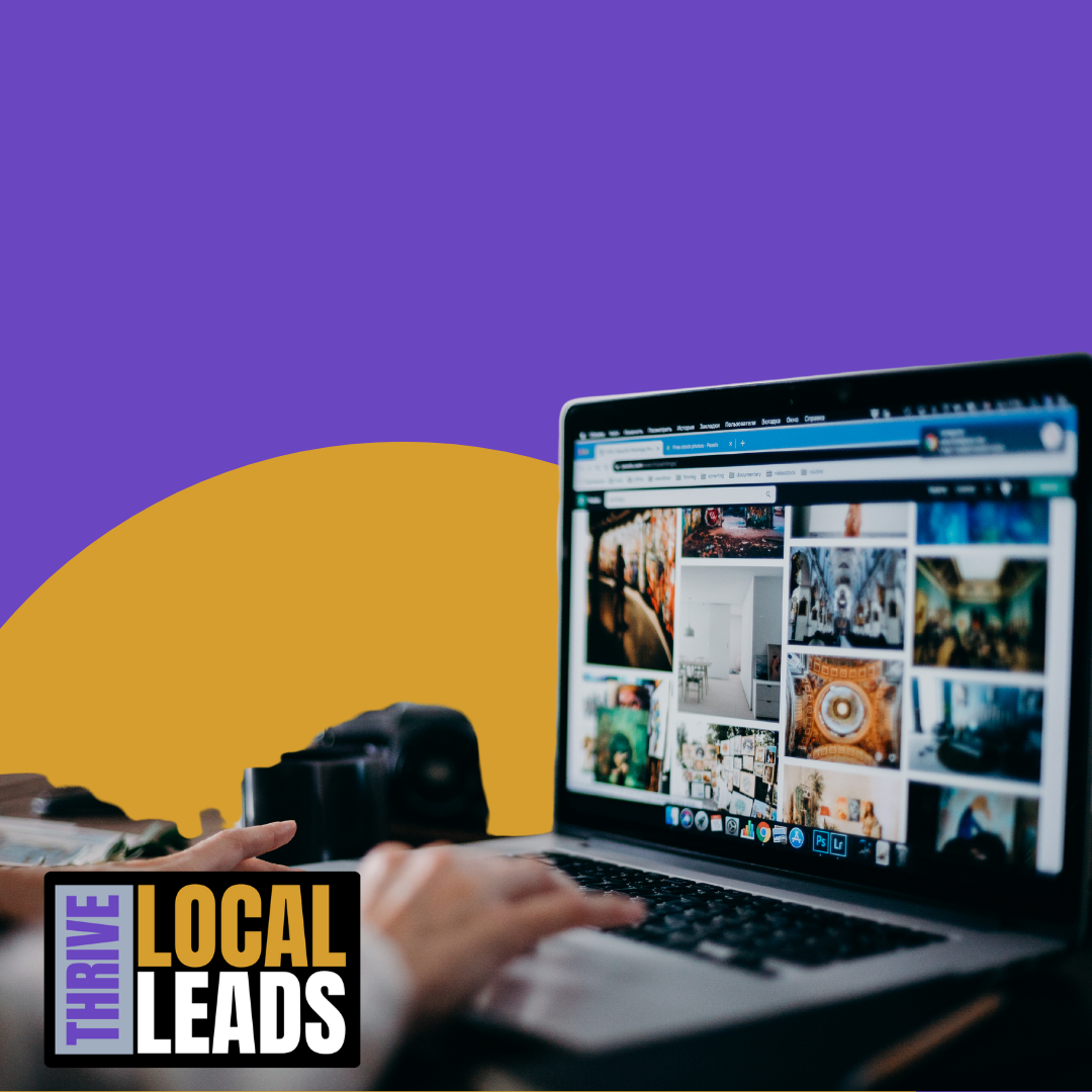 Person browsing a visually rich website on a laptop, symbolizing digital marketing and online presence for local businesses, with the Thrive Local Leads logo on a vibrant purple and orange background. Person browsing a visually rich website on a laptop, symbolizing digital marketing and online presence for local businesses, with the Thrive Local Leads logo on a vibrant purple and orange background.