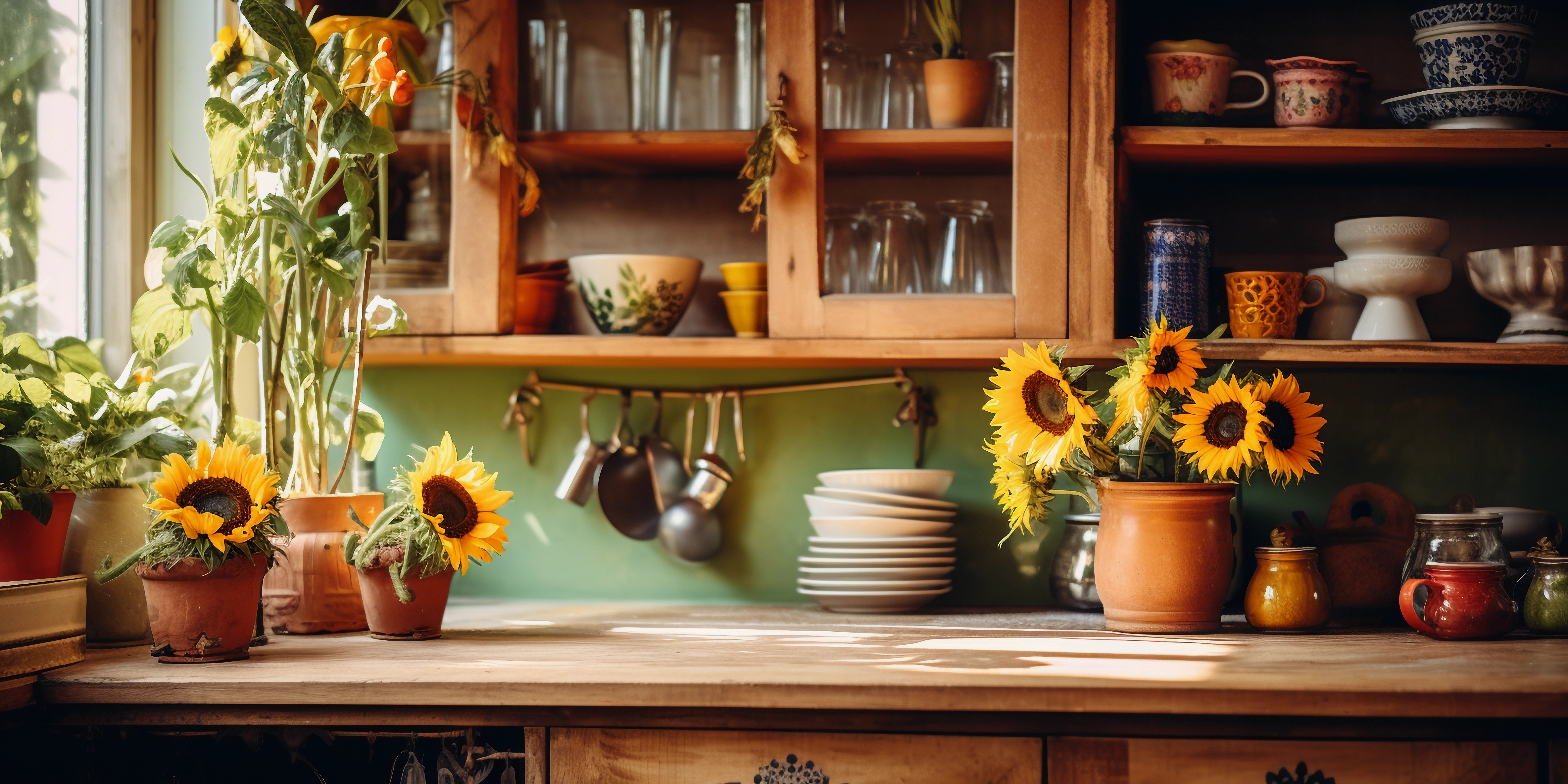 green kitchen, sunflowers