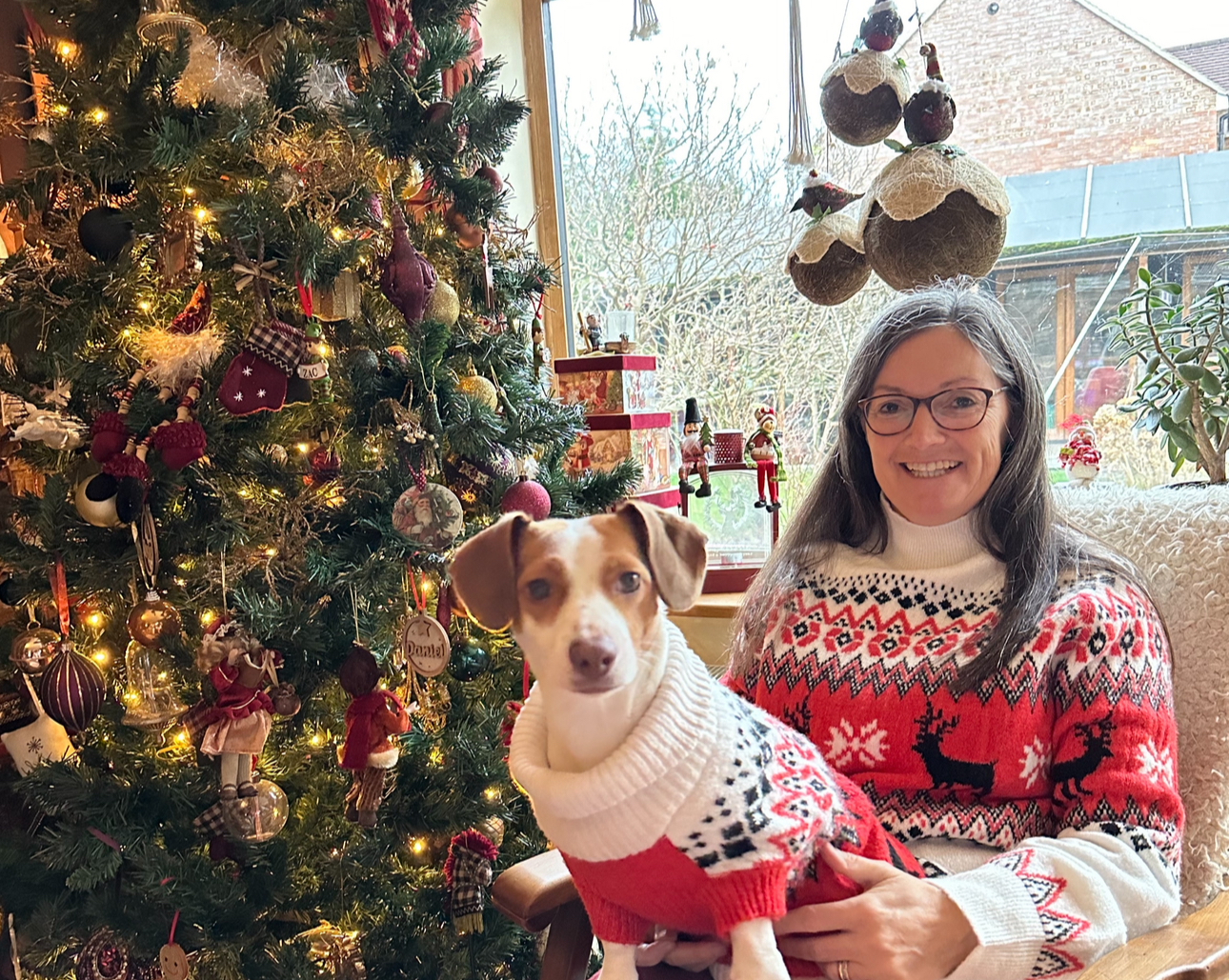 Andrea, Rosie the dog, festive jumpers