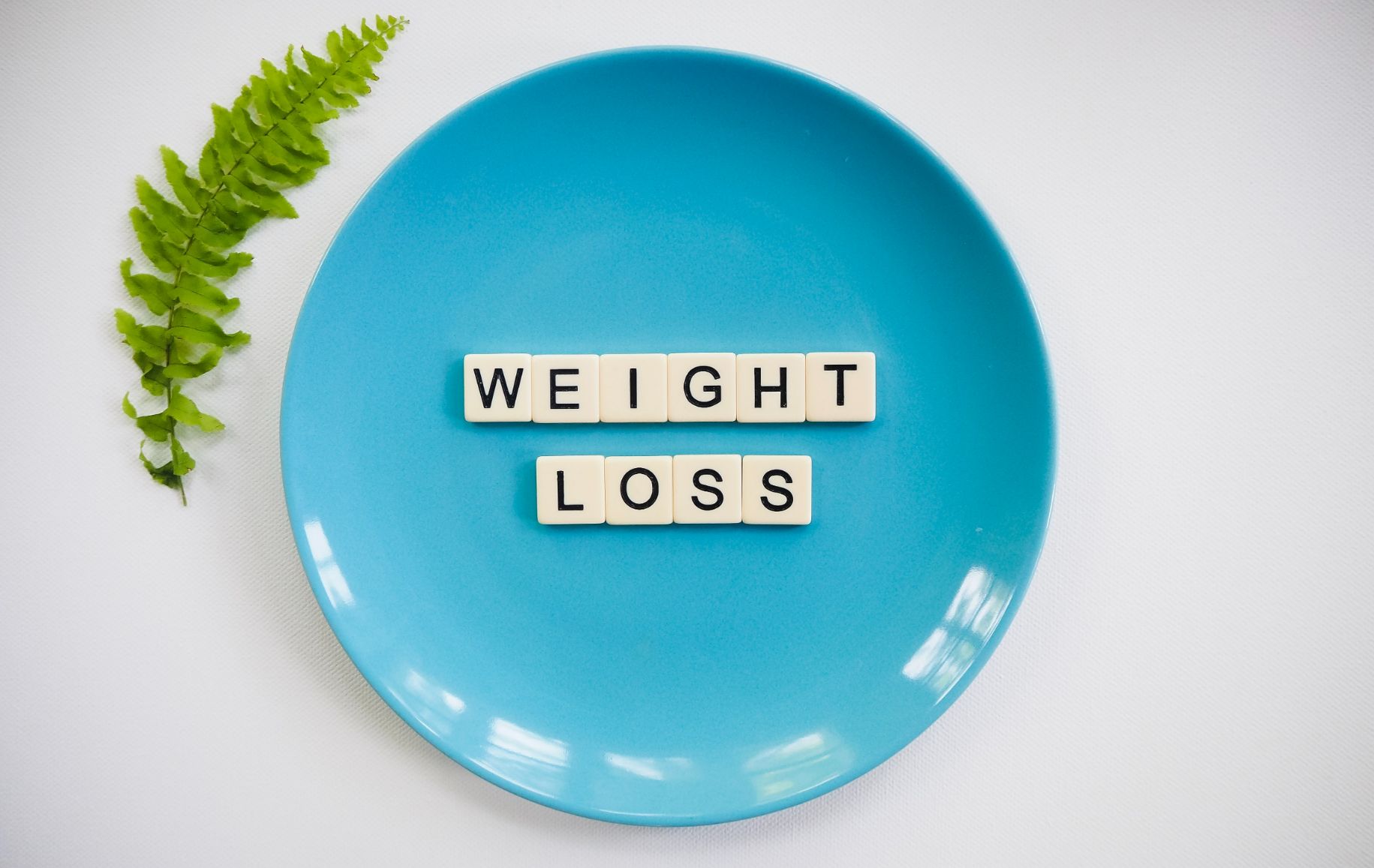 Blue plate with "weight loss" written in game pieces