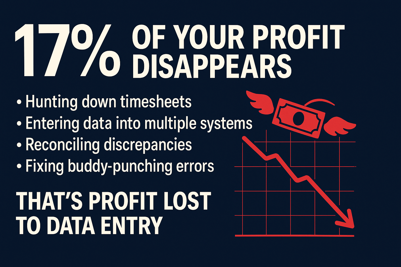 "17 percent profit loss from manual construction processes - timesheet hunting, data entry, reconciliation errors, and buddy punching waste - Construction profitability statistics and cost reduction insights"