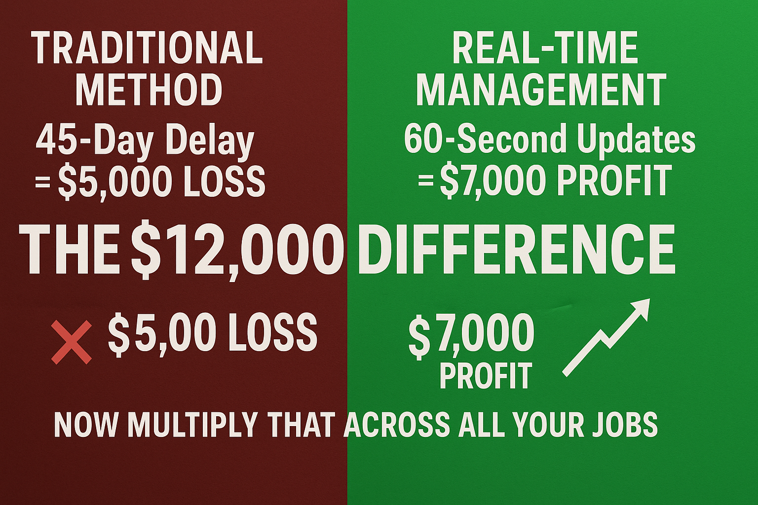 "Construction project profitability comparison - Traditional 45-day delay results in $5000 loss versus real-time management 60-second updates creating $7000 profit - $12000 difference on single project ROI visualization"